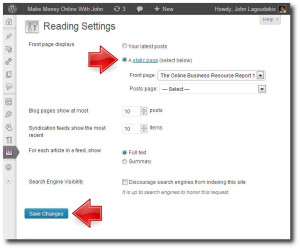WordPress Reading Settings Static Page